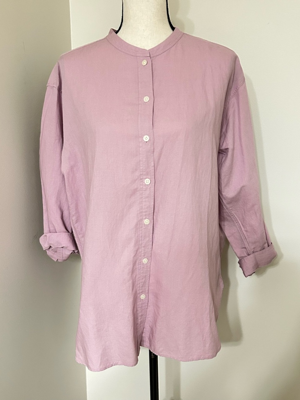 Uniqlo Lavender Mandarin Collar Button-Down Shirt L Rayon Linen Cotton